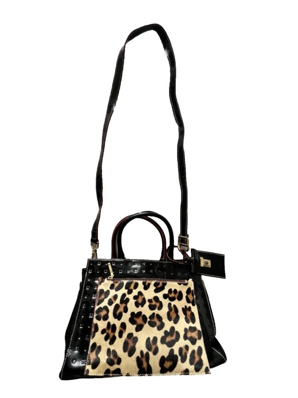 ARCADIA Patent Leather Handbag Crossbody Leopard Print Haircalf Made in Italy - Picture 4 of 14